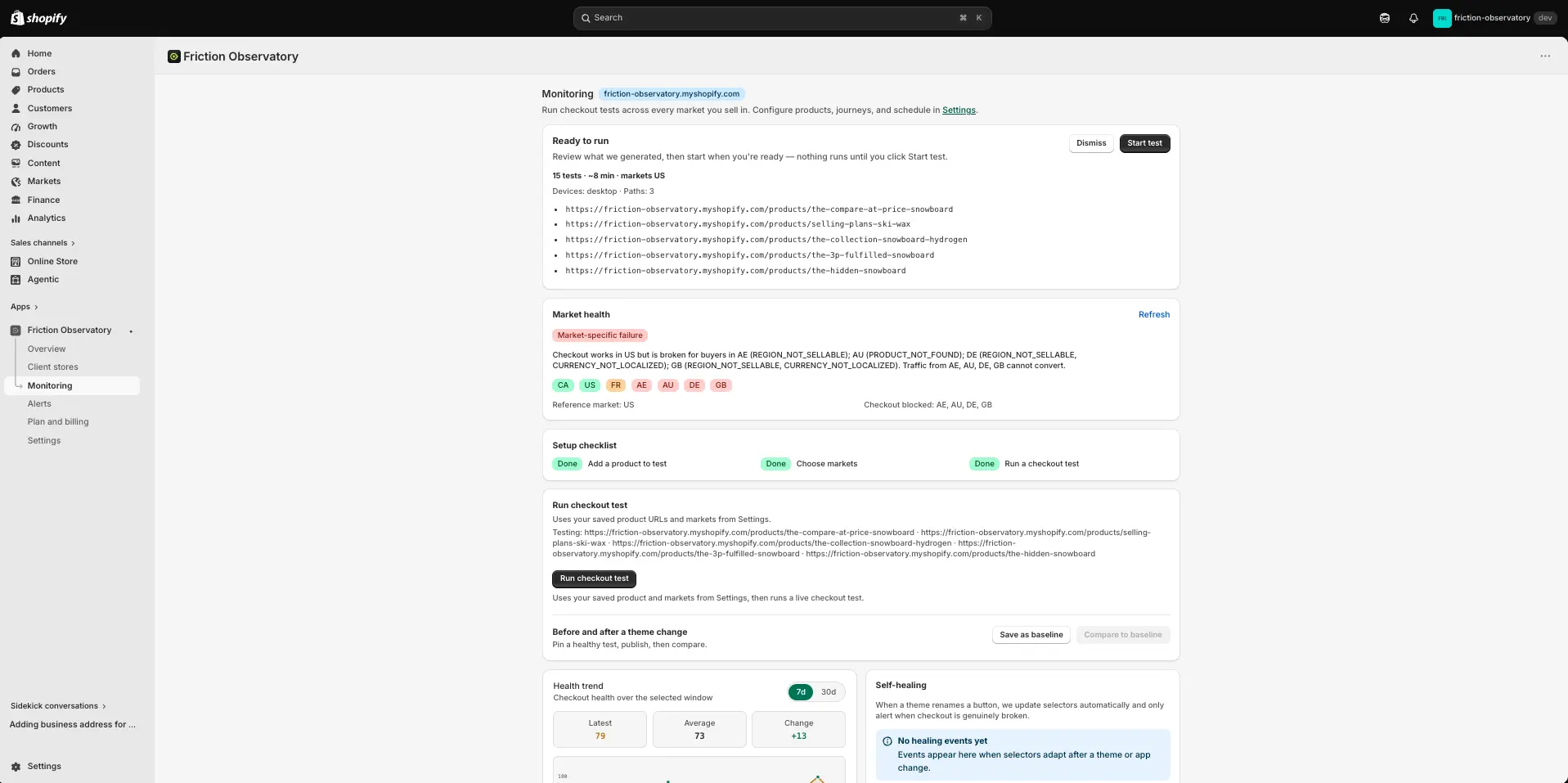After Generate — review product URLs, markets, and test count, then click Start test.