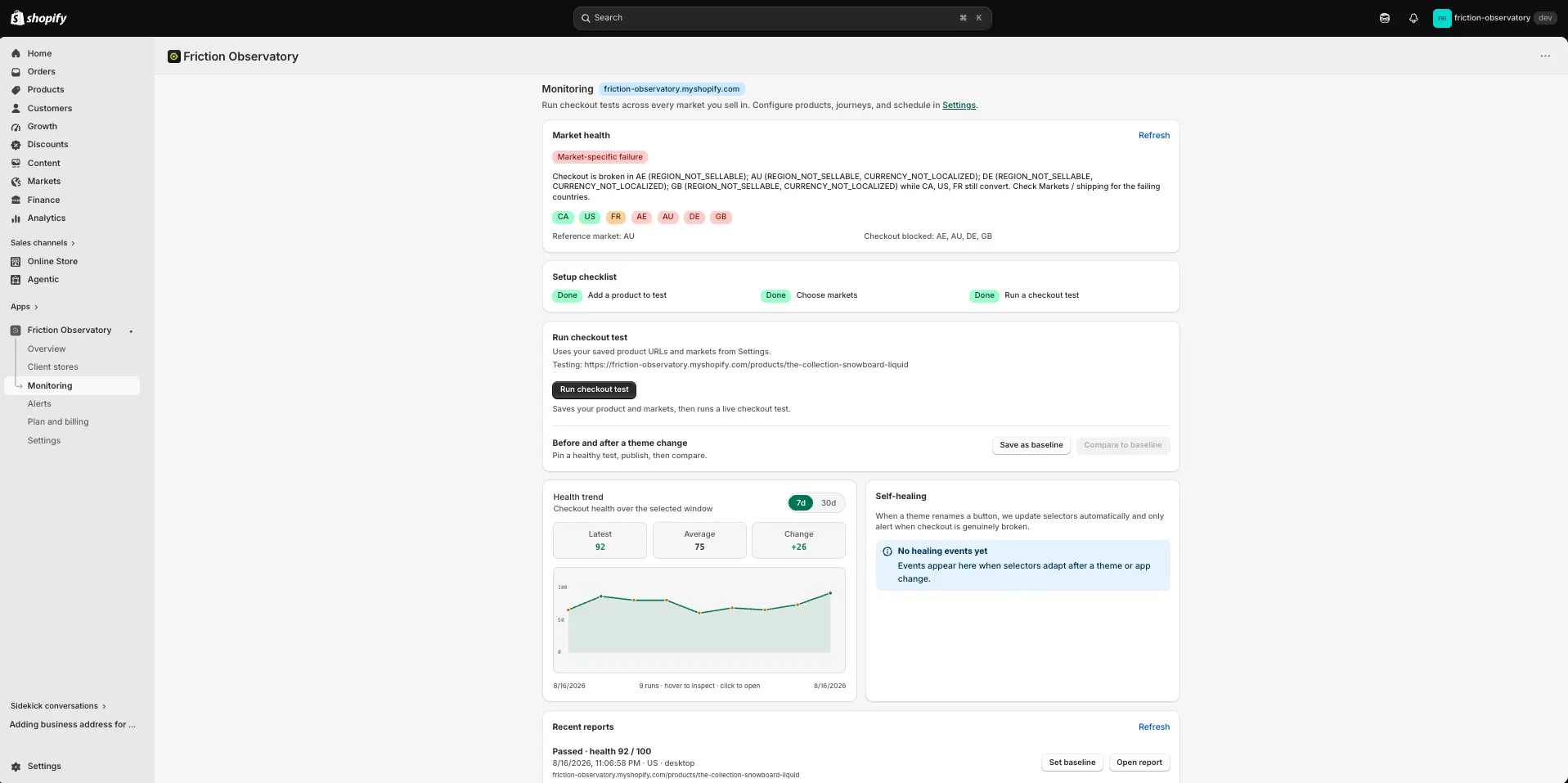 Monitoring home — run tests, Market Health, and recent results.