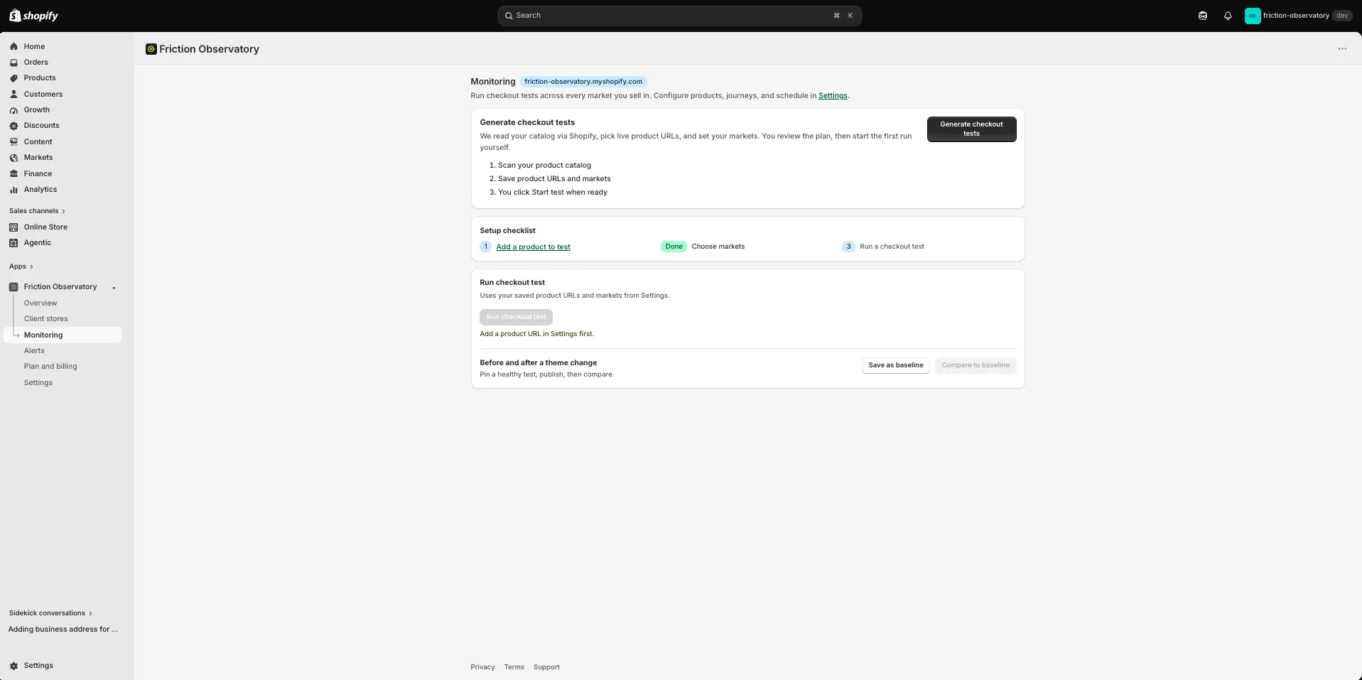 Monitoring after install — empty or ready to generate tests.