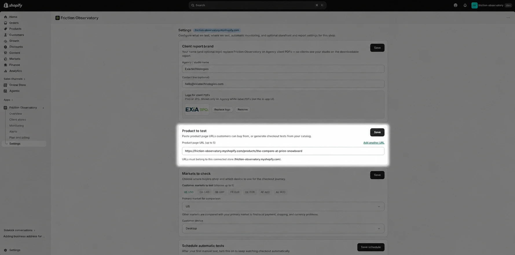 Settings → Product to test.